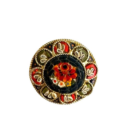 Vintage Micro Mosaic Brooch Floral Design Gold-Tone Round 1 1/4" - Picture 1 of 4